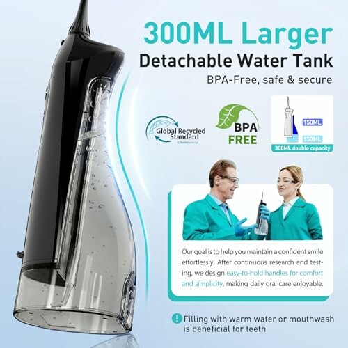Irrigador bucal con tanque desmontable de 300 ml, libre de BPA.